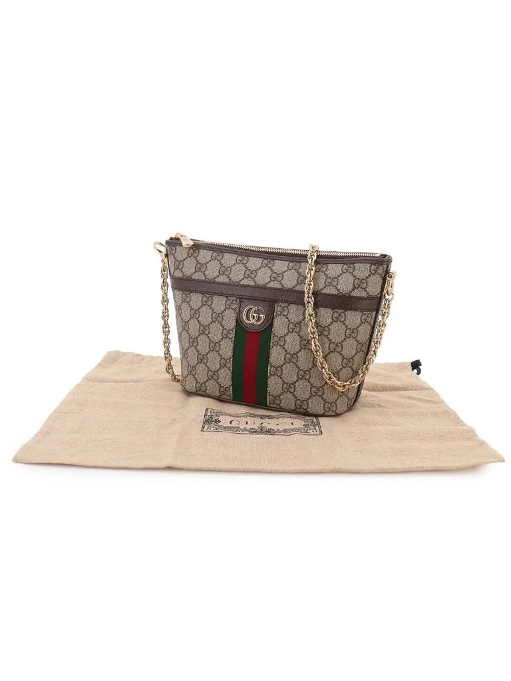 Gucci Ophidia Chain Shoulder Bag GG Supreme Canvas Leather Beige Brown